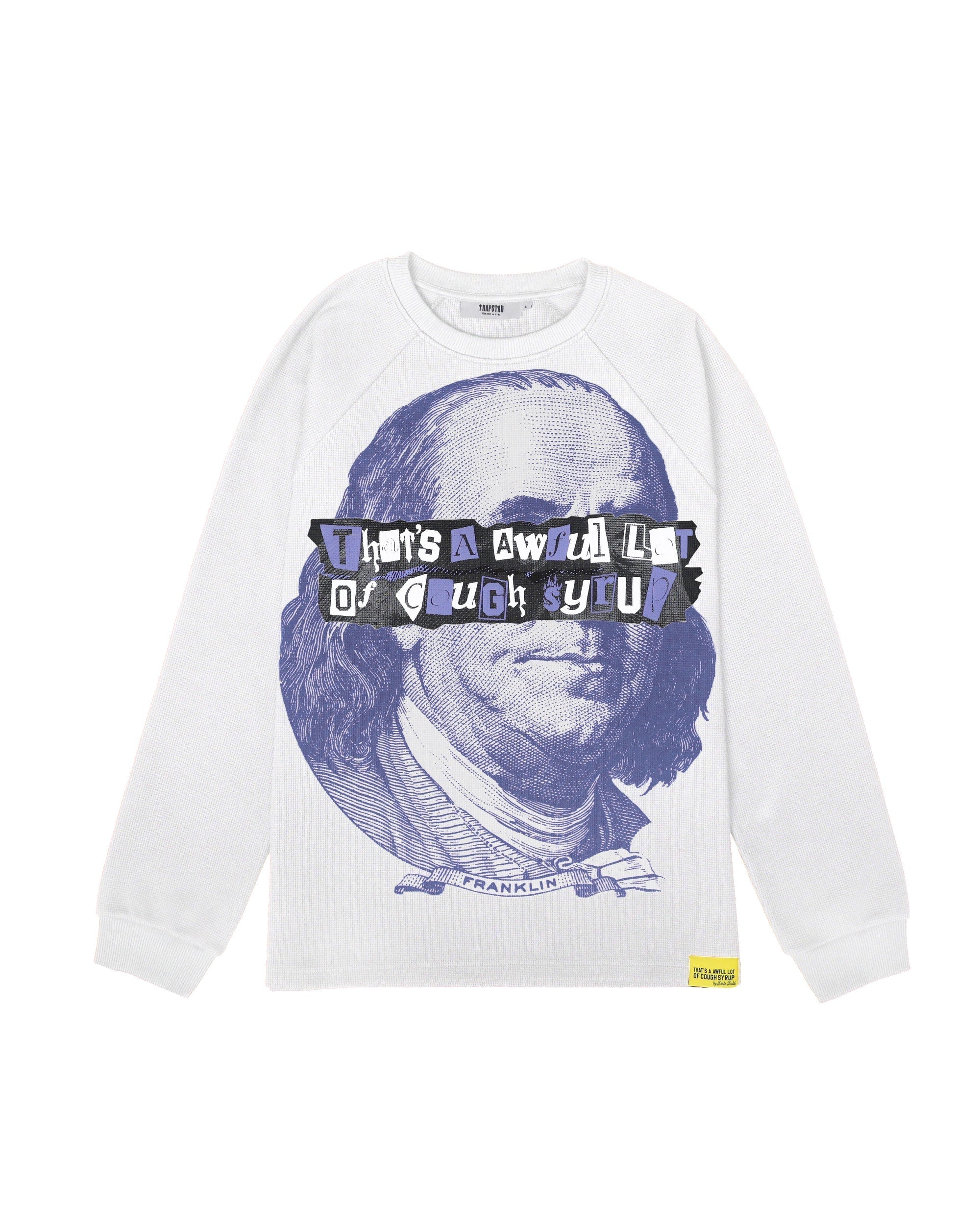 TRAPSTAR X COUGH SYRUP BENJAMIN FRANKLIN LS WAFFLE TEE - WHITE/PURPLE